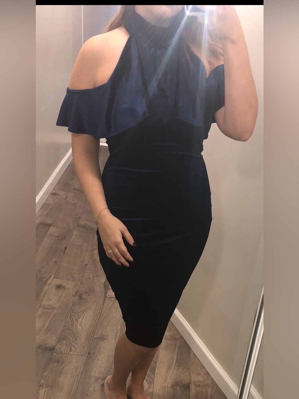 Off-Shoulder Navy Blue Velvet Sheath Dress
